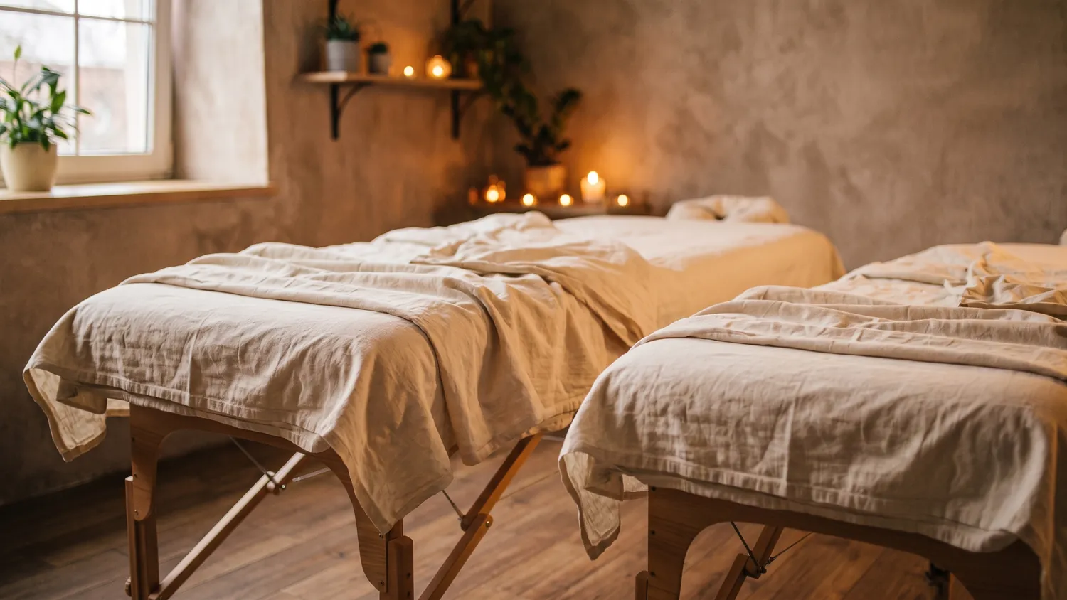 Two massage tables side by side in a dim couples suite, candles glowing on the shelf