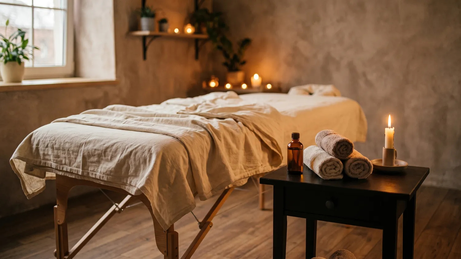 A massage table in a dim treatment room, with a bottle of oil and rolled towels on the side table