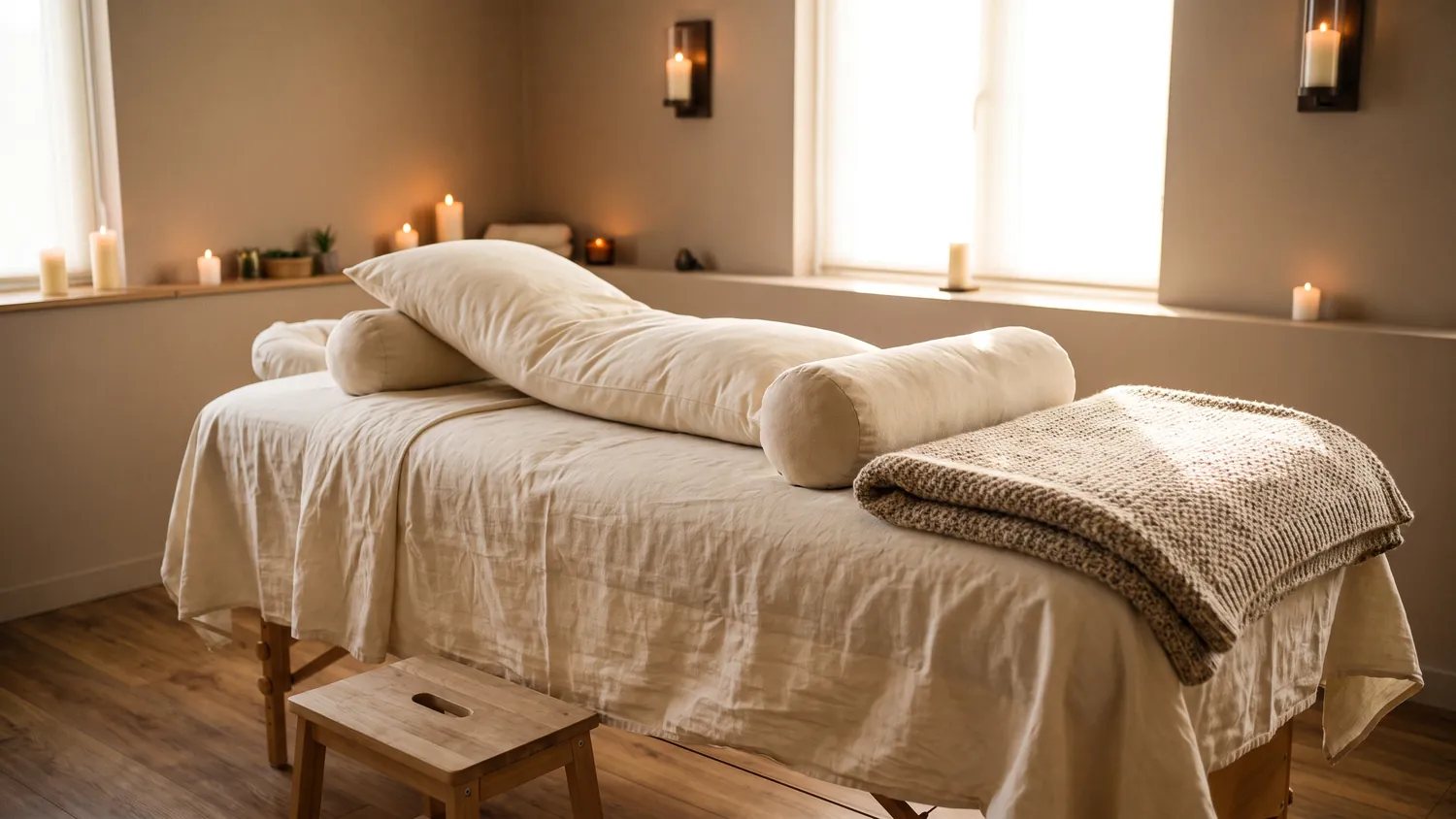 A massage table set with side-lying bolsters and pillows for a prenatal massage in a softly lit room