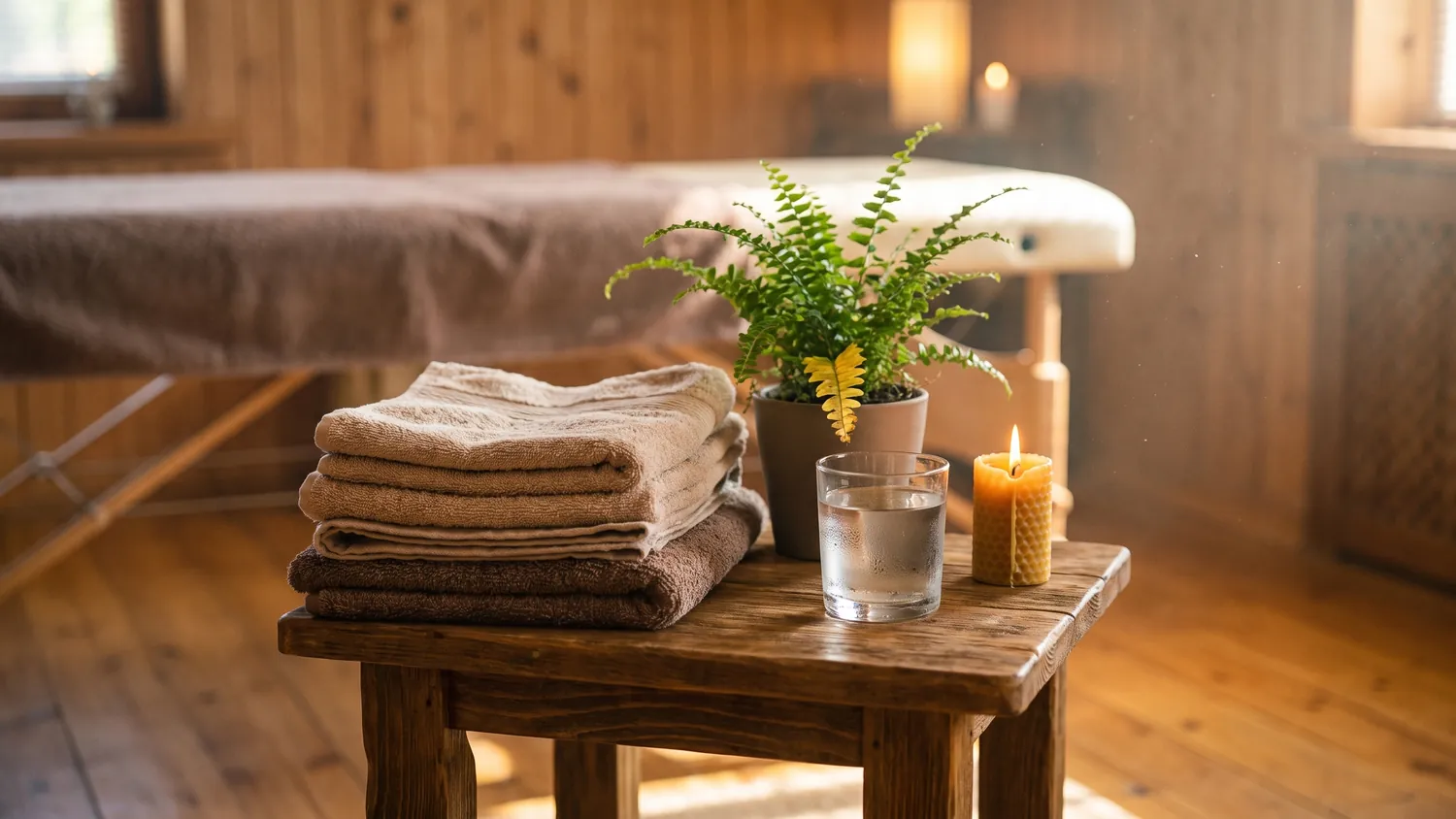 Folded towels, a small plant and a glass of water on a side table in a calm treatment room