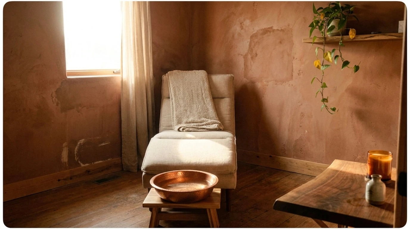 Reclining reflexology chair with a folded throw and a copper foot basin in a warm terracotta treatment room at Elite Spa Utah