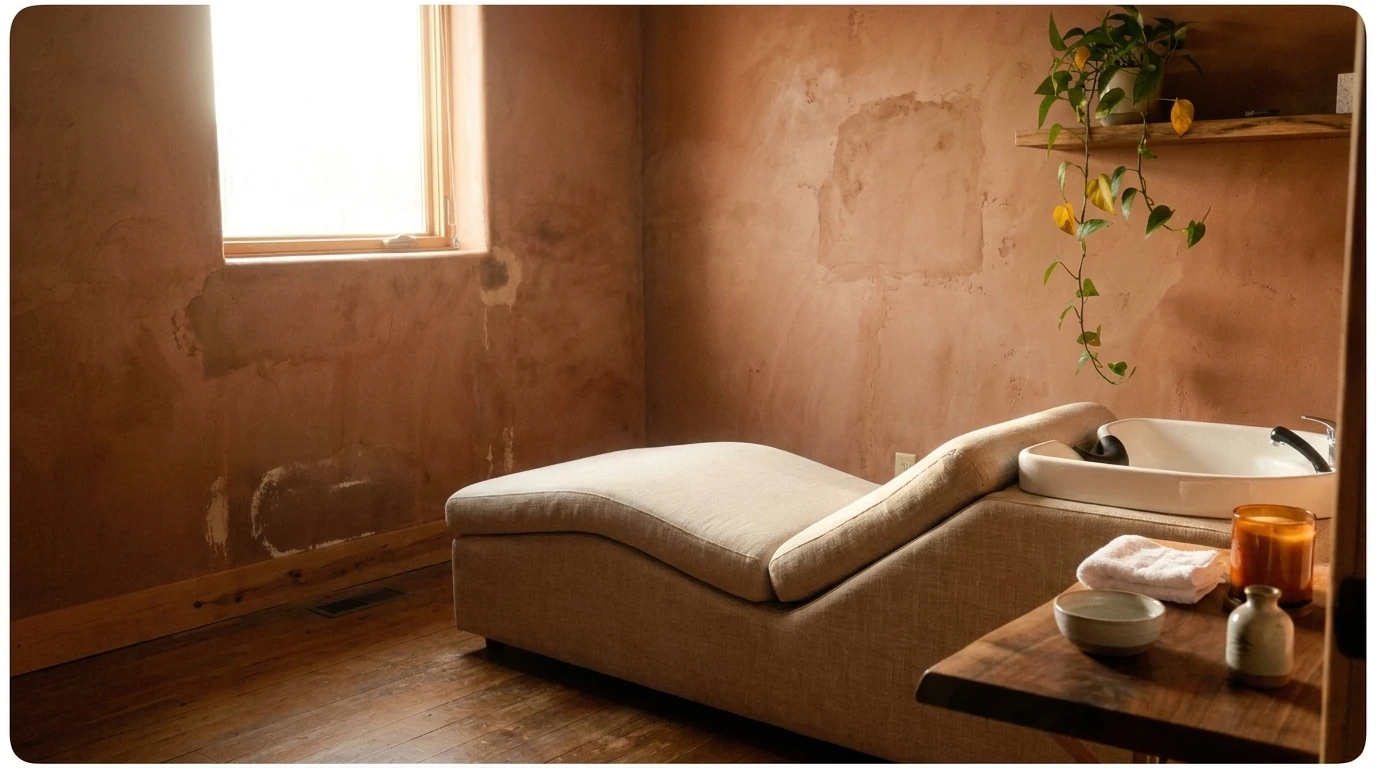 Reclining head-spa lounger with a ceramic scalp-wash basin in a warm terracotta treatment room at Elite Spa Utah