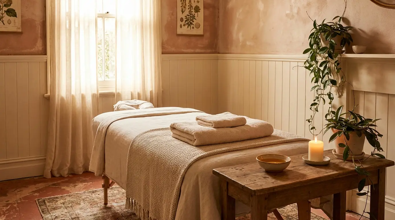 Warm, dimly lit private massage room with a draped table at Elite Spa Utah